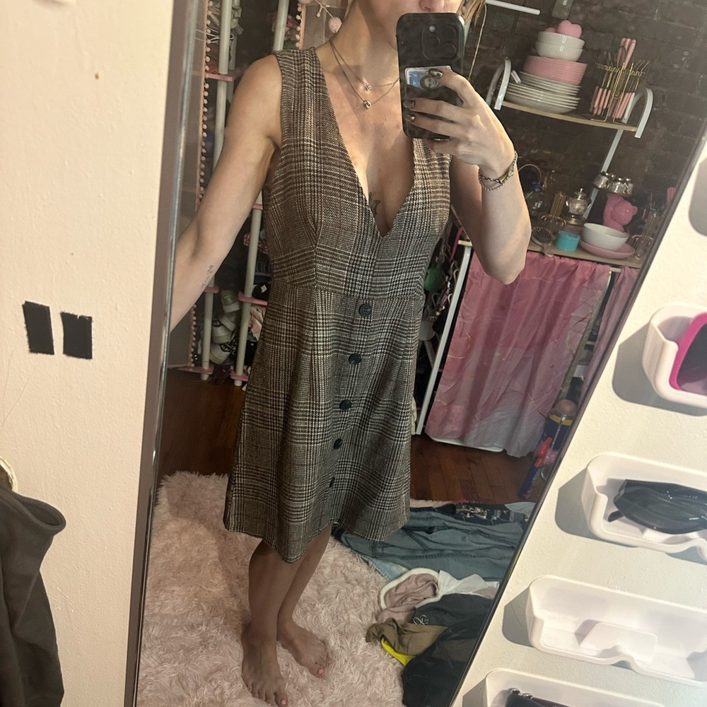 SHEIN Brown Plaid Button-Front Midi Dress